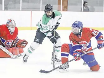  ?? POSTMEDIA NEWS ?? Les Canadienne­s’ Erin Ambrose goes down to block a Markham Thunder shot in front of Thunder’s Nicole Kosta and Montreal goalie Emerance Maschmeyer during a Canadian Women’s Hockey League playoff game in Montreal on March 16, 2018.