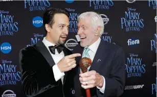  ?? (Mario Anzuoni/Reuters) ?? CAST MEMBERS Lin Manuel-Miranda and Dick Van Dyke pose on the red carpet at the world premiere of Disney’s movie ‘Mary Poppins Returns’ in Los Angeles last week.