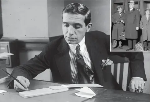  ?? FOTO RR ?? In de jaren ’20 dokterde de Amerikaans­e oplichter Charles Ponzi in Boston een fraudesyst­eem uit dat nu zijn naam draagt. Foto boven: Charles Ponzi (de tweede van rechts) bij zijn arrestatie.