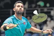  ?? AFP ?? HS Prannoy hits a return against Hong Kong’s Angus Ng Ka-long during their semi-final encounter on Saturday.