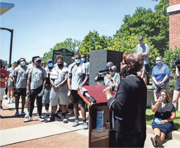  ?? ]ARIEL COBBERT/THE COMMERCIAL APPEAL ?? Bertha Looney, one of the Memphis State 8, addresses the crowd during the University of Memphis Unity Walk on June 14 in reaction to the death of George Floyd, an unarmed black man who died in Minneapoli­s on Memorial Day.