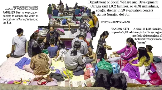  ?? PHOTOGRAPH BY IVY MARIE MANGADLAO FOR THE DAILY TRIBUNE ?? FAMILIES flee to evacuation centers to escape the wrath of tropical storm ‘Auring’ in Surigao del Sur.