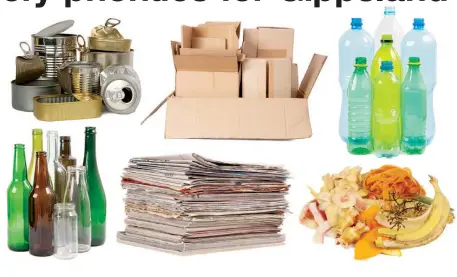  ??  ?? Items acceptable for recycling: aluminium cans, cardboard, water and beverage bottles, glass bottles, newspapers, junk mail. Food scraps can be composted.
