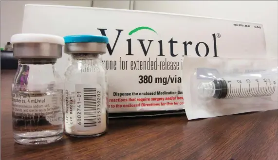  ?? CARLA K. JOHNSON, FILE — THE ASSOCIATED PRESS ?? A box of Vivitrol, a drug used to treat opioid addiction, as seen a treatment center in Joliet, Ill., in an Oct. 19, 2016, file photo. The drug was one of several prescribed by the Recovery Connection chain of opioid addiction centers operating in Massachuse­tts and Rhode Island that is the focus of federal charges.
