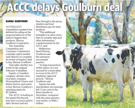  ??  ?? HOLD UP: The ACCC said it needed until March 1 to complete its review of Saputo’s deal to buy Murray Goulburn.