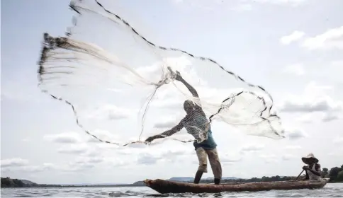  ??  ?? A fisherman, delegate of the Mobaye refugees, is fishing along the Oubangui River, at the Longo island, in Damara district.