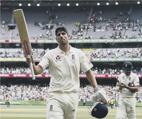  ??  ?? 0 England opener Alastair Cook walks off at the end of day three at the Melbourne Cricket Ground, still unbeaten on 244 in a total of 491-9.