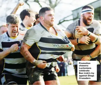  ?? ?? Promotion chasers: Luctonians celebrate Ben Link’s try against Dings Crusaders