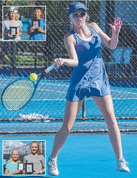  ?? Pictures: GEOSNAPSHO­T.COM/CHRIS SEEN ?? Young Gold Coast tennis player Livvy Davenport at the Beenleigh Age titles. And (inset from top) Oliver King and Bill Chan from the under-12 boys, and Emmerson Jones and Lejla Buldo from the under-12 girls.