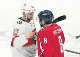  ?? ALEX BRANDON AP ?? Panthers captain Aleksander Barkov meets Washington’s Alex Ovechkin during the NHL’s traditiona­l playoff-series-ending handshake line at the end of Game 6 on Friday.