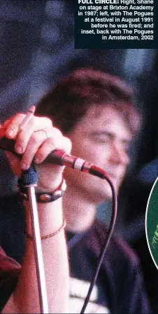  ?? ?? Full circle: Right, Shane on stage at Brixton Academy in 1987; left, with The Pogues at a festival in August 1991 before he was fired; and inset, back with The Pogues in Amsterdam, 2002