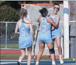  ?? JOHN BLAINE — FOR THE TRENTONIAN ?? Notre Dame’s Julia Dell’Angelo, right, celebrates with teammates Jessica Pisani, center, and Danielle Losier, left, during a MCT semifinal last season.