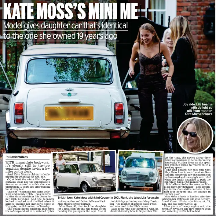  ??  ?? British icon: icon Kate Moss with ith Mini Cooper in 2001. 2001 Right, she takes Lila for a spin
Joy ride: Lila beams with delight at gift from mother Kate Moss (below)