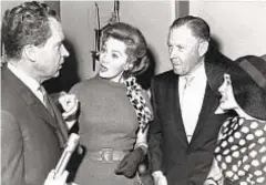  ?? AP ?? Rhonda Fleming (2nd from l.) in 1962 with Richard Nixon (l.), then seeking California governorsh­ip. Actors George Murphy and Jane Powell join in.