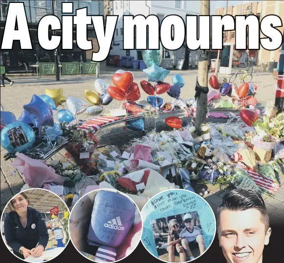  ??  ?? Main picture, tributes left in the city centre. Left, Tesco worker Laura Hunns signs the book of remembranc­e for Connor Brown, right.