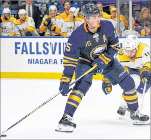  ?? AP PHOTO/JEFFREY T. BARNES, FILE) ?? In this March 19, 2018, file photo, Buffalo Sabres’ Jack Eichel (15) carries the puck past Nashville Predators’ Mike Fisher (12) during the third period of an NHL hockey game in Buffalo, N.Y.