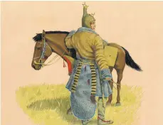  ?? FOTO: DPA ?? Die Zeichnung zeigt die Rekonstruk­tion von Pferd und Krieger aus dem Volk der Skythen, basierend auf Funden aus der Mongolei.