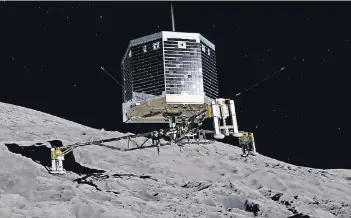  ?? FOTO: DPA ?? Die Landung von „Philae“auf dem Kometen „Tschuri“(Animation). Die Temperatur beträgt dort jetzt 30 Grad plus.