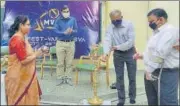  ?? HT ?? IIM-L director Prof Archana Shukla, dean (programmes) Prof Arunabha Mukhopadhy­ay, student affairs chairman Prof Rajesh Aithal and postgradua­te programme chairman Prof Ajay Garg lighting the inaugural lamp.