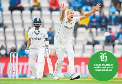  ?? Photo / Getty Images ?? Kyle Jamieson appeals successful­ly for the wicket of Virat Kohli early on day three.