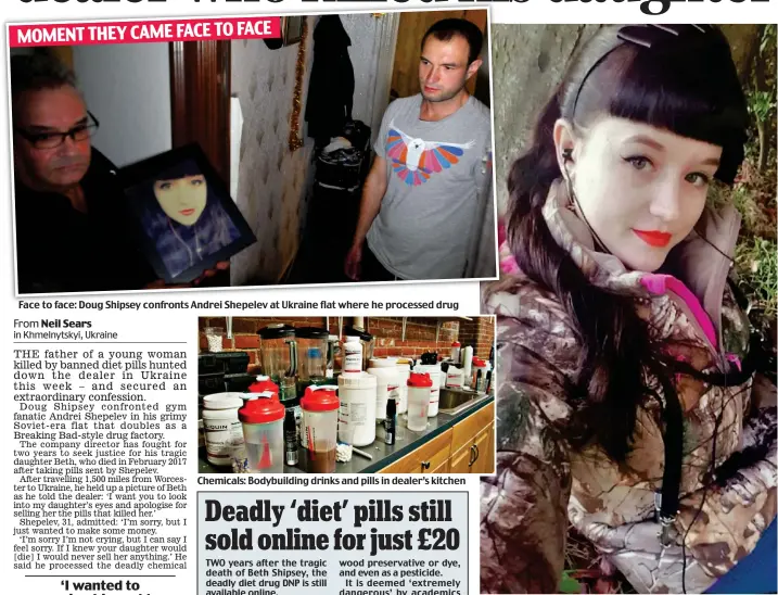  ??  ?? Face to face: Doug Shipsey confronts Andrei Shepelev at Ukraine flat where he processed drug Chemicals: Bodybuildi­ng drinks and pills in dealer’s kitchen Tragedy: Beth Shipsey paid £156 for deadly ‘diet’ pills online