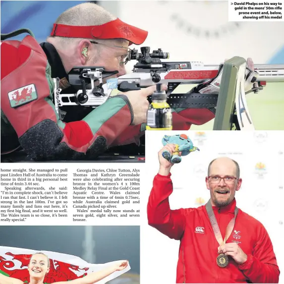  ??  ?? > David Phelps on his way to gold in the mens’ 50m rifle prone event and, below, showing off his medal