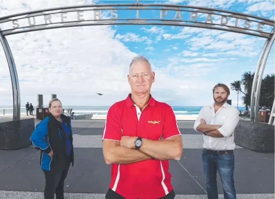  ?? Picture: JASON O’BRIEN ?? Gold Coast tourism operators Sarah Colgate, Michael Gilmore and Anthony Ardern will join a statewide “peaceful” border protest on Tuesday.