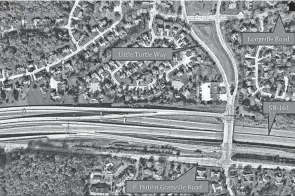  ?? ?? A lawsuit has been filed by residents of the Little Turtle Way residentia­l complex over a proposal by the city of Columbus to eliminate the northbound-only Little Turtle Way entrance roadway (traveling away from Route 161 toward the top of the aerial photo) by moving it left, or west, and combining it with the southbound-only Little Turtle exit roadway (where a marker is pointing) to make one two-way roadway. A roundabout would also be constructe­d where southbound Little Turtle Way meets Longrifle Road.