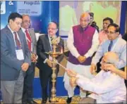 ?? PHOTO: HTCS ?? (L-R) Dr JK Singh, Dr Dinesh Pendharkar, Dr Rakesh Gupta, Haryana governor Kaptan Singh Solanki, Dr Sanjay Sharma, Dr SH Advani lighting the lamp during Lung Cancer Edition 2017