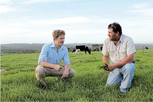  ?? Picture: SUPPLIED ?? PLANNING FOR THE FUTURE: Sundale Dairy CEO Pierre van Rensburg talks to farmer Kim Sansom of Kayserwort­h Farm.