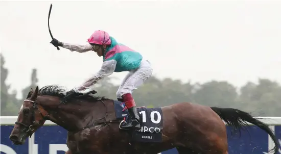  ??  ?? BRILLIANT. Frankie Dettori salutes as Enable crosses the line first in the Group 1 King George VI and Queen Elizabeth Stakes at Ascot on Saturday. This top filly is now favourite for the Prix de l'Arc de Triomphe in October.