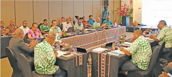  ??  ?? Minister for Foreign Affairs, National Security and Defence, Inia Seruiratu (right) with the other Melanesian Spearhead Group Foreign Ministers during the Foreign Ministers Meeting at the Grand Pacific Hotel, Suva