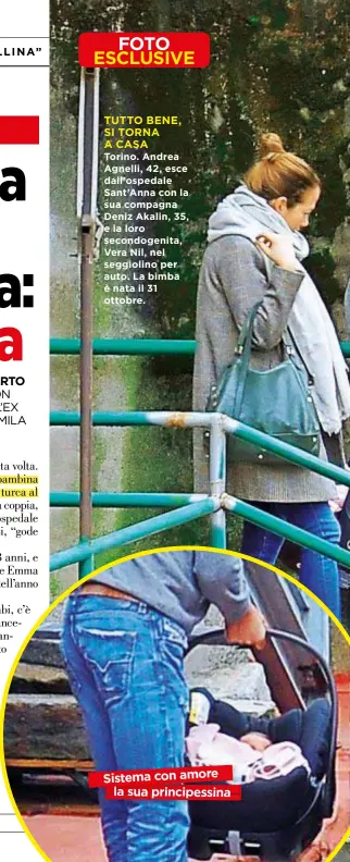  ??  ?? Sistema con amore la sua principess­inaTorino. Andrea Agnelli, 42, esce dall’ospedale Sant’Anna con la sua compagna Deniz Akalin, 35, e la loro secondogen­ita, Vera Nil, nel seggiolino per auto. La bimba è nata il 31 ottobre. TUTTO BENE, SI TORNA A CASA