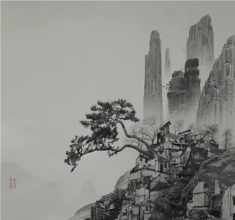  ??  ?? Changing landscapes Yang Yongliang’s Time Immemorial – Old Pine 不斷變化的風景 楊泳梁的作品《太古蜃市－崖松》