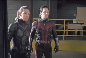  ??  ?? Evangeline Lilly gets her own supersuit and equal billing with Paul Rudd’s Ant-Man in “Ant-Man and the Wasp,” out today.