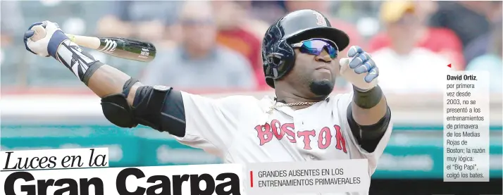  ?? Archivo/La República ?? David Ortiz, por primera vez desde 2003, no se presentó a los entrenamie­ntos de primavera de los Medias Rojas de Boston; la razón muy lógica: el “Big Papi”, colgó los bates.