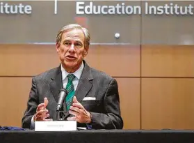  ?? Steve Gonzales / Staff photograph­er ?? Gov. Greg Abbott talks to the media after holding a COVID-19 vaccinatio­n roundtable discussion with health care profession­als at Houston Methodist Hospital. He said Harris County is leading the state in vaccinatio­ns.