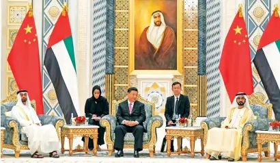  ?? — Wam ?? His Highness Sheikh Mohammed bin Rashid Al Maktoum, Vice-President and Prime Minister of the UAE and Ruler of Dubai, and His Highness Sheikh Mohamed bin Zayed Al Nahyan, Crown Prince of Abu Dhabi and Deputy Supreme Commander of the UAE Armed Forces, during a meeting with Chinese President Xi Jinping in Abu Dhabi.