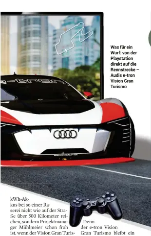  ??  ?? Was für ein Wurf: von der Playstatio­n direkt auf die Rennstreck­e – Audis e-tron Vision Gran Turismo