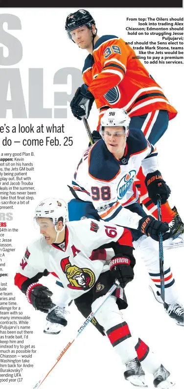  ??  ?? From top: The Oilers should look into trading Alex Chiasson; Edmonton should hold on to struggling Jesse Puljujarvi; and should the Sens elect to trade Mark Stone, teams like the Jets would be willing to pay a premium to add his services.