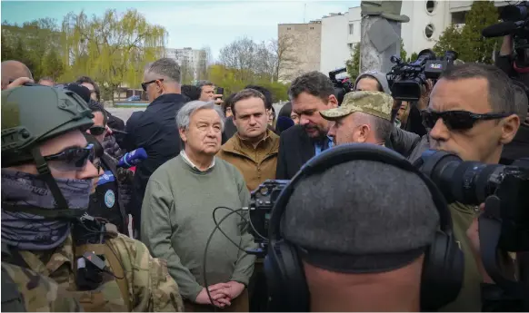  ?? AP ?? UN Secretary General Antonio Guterres begins his visit to Ukraine in Borodyanka, near Kyiv, where houses were destroyed by Russian shelling