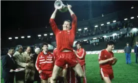  ?? Photograph: Colorsport/Shuttersto­ck ?? Doug Rougvie takes off as he celebrates Aberdeen’s stunning victory in Gothenburg.