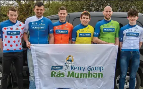  ??  ?? Classifica­tion jerseys include, from left, Conor Kissane Polka Dot, Richard Cleverly 2nd Cat, Richard Maes Stage Winner, Conor Hennebry (last years winner) Yellow, Bernard Sweeney Points, Tadhg O’Shea Under 23