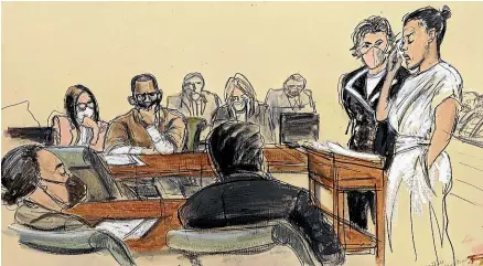  ?? AP ?? In this courtroom sketch, Lizzette Martinez, right, accompanie­d by her lawyer, Gloria Allred, speaks during R Kelly’s sentencing yesterday. Kelly and his lawyer, Jennifer Bonjean, are seated in the background left.