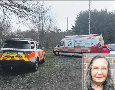  ??  ?? Kent Search and Rescue teams set up a command vehicle at Park Gate Inn car park, Ashford Road, Hollingbou­rne, from which they conducted a search for Gloria Stringer, inset