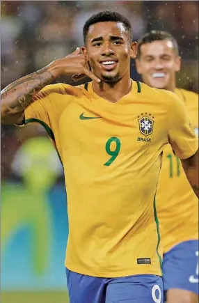  ?? ARIANA CUBILLOS / AP ?? Brazil's G. Jesus celebrates scoring against Venezuela during Tuesday’s World Cup qualifier in Merida, Venezuela. Brazil won 2-0.