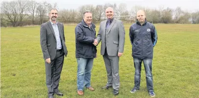 ??  ?? From left: Dave Campbell, Rishton United committee member, chairman Chic Kelly, Councillor Ken Moss and Rishton United committee member Graham Byrom when the club received council approval for their 25-year lease of Norden Playing Fields