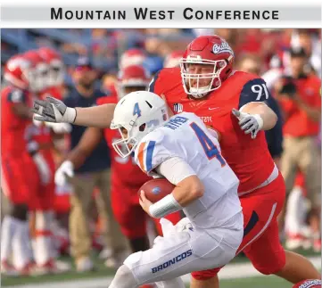  ?? PHOTO FOR THE RECORDER BY DONNIE ZIMMERMAN ?? Fresno State defensive tackle Nathan Madsen registers a 10-yard sack of Boise St. quarterbac­k Brett Rypien to force a Boise punt in the third quarter on Saturday at Bulldog Stadium.