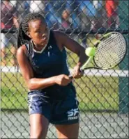  ?? AUSTIN HERTZOG — DIGITAL FIRST MEDIA ?? Spring-Ford’s Tori Alexander hits a backhand last season against Methacton’s Dina Nouaime at No. 1 singles Alexander finished runner-up at the PAC Singles Tournament to OJR’s Meredith Lee.