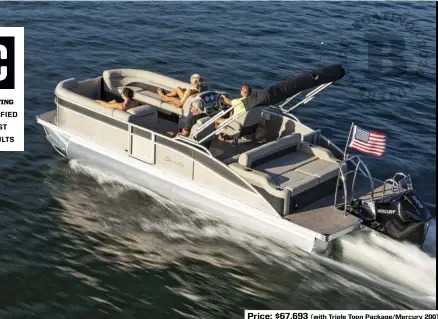  ??  ?? Price: $67,693 (with Triple Toon Package/Mercury 200)
SPECS: LOA: 25'2" BEAM: 8'6" DRAFT (MAX): 1'1" DRY WEIGHT: 3,194 lb. SEAT/WEIGHT CAPACITY: 13/1,700 lb. FUEL CAPACITY: 34 gal.
HOW WE TESTED: ENGINE: Mercury 200 PROP: Outboard/Mercury Enertia 15.3" x 14" 3-blade stainless steel GEAR RATIO: 1.85:1 FUEL LOAD: 10 gal. CREW WEIGHT: 350 lb.
